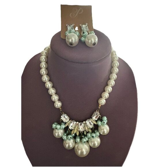 Plunder Faux Pearl Necklace and Pierced Earring Set White Mint Green Rhinestones - Picture 1 of 5